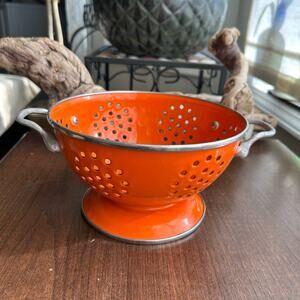 Vintage Orange Colander Strainer Made of Enamel on Steel